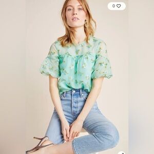 Anthropologie Sabine beaded embroidered top blouse green size 16 euc.